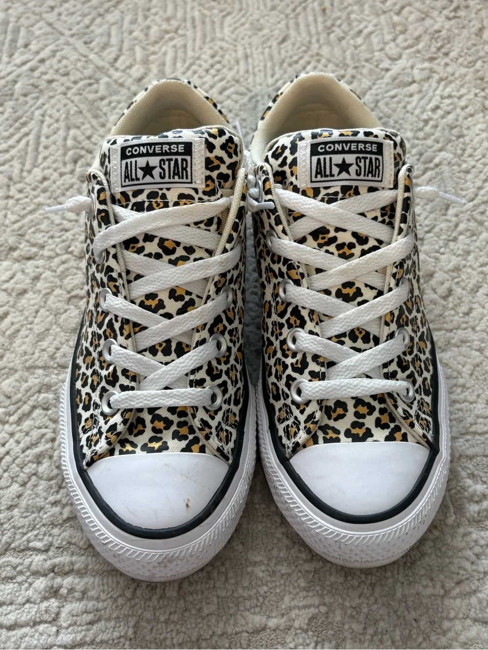 Converse Kids Leopard Print Low Top Sneakers in White, Black, Tan